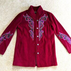 Bob Mackie Wearable Art Embroidered Burgundy Red Fleece Jacket / Light Coat XS